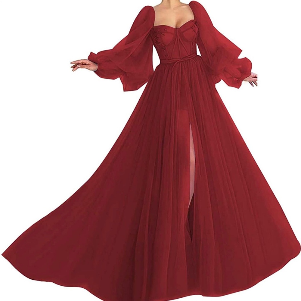 Puffy Sleeve Tulle Dress Long with Split